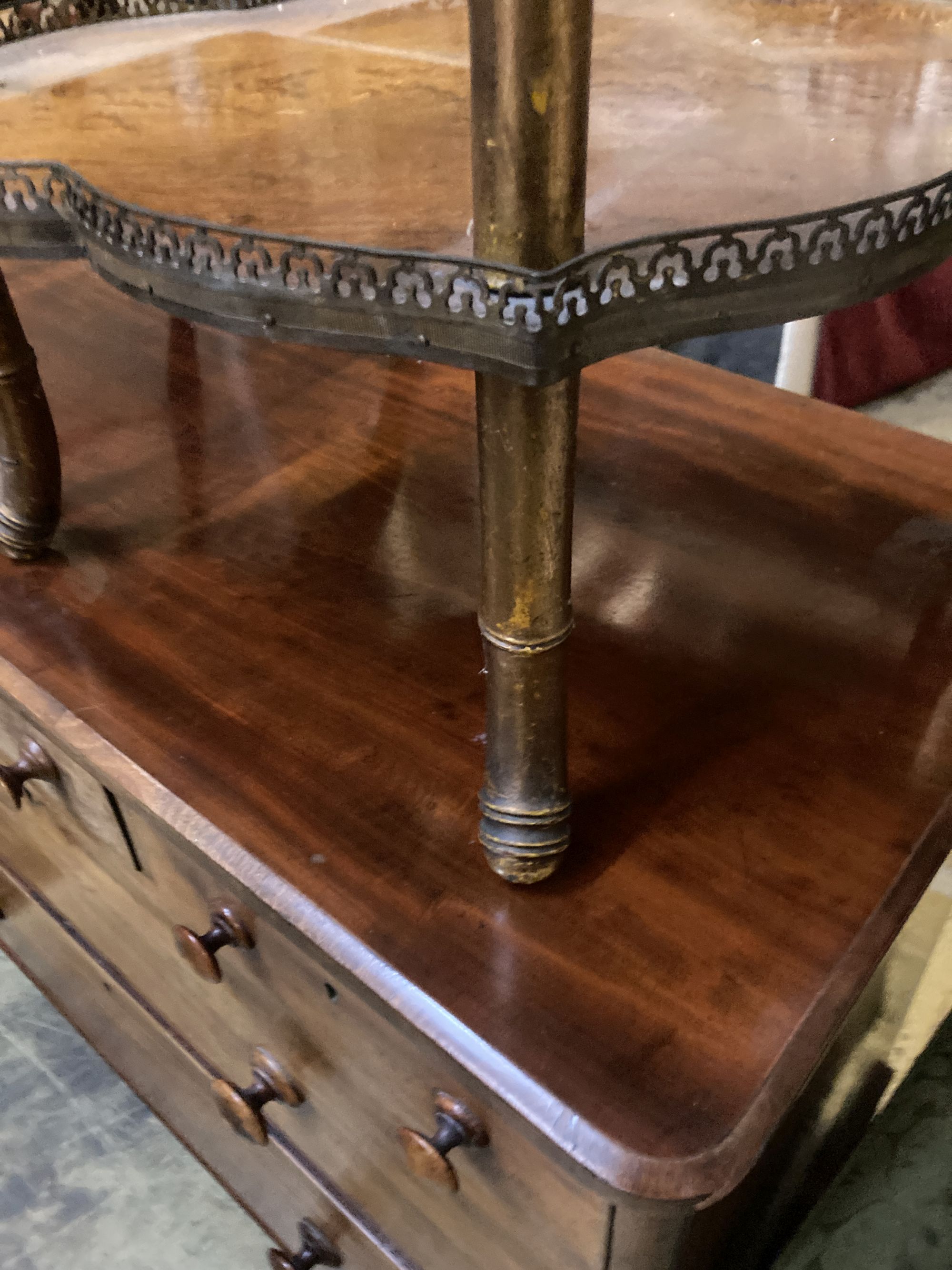 A birds eye maple and brass two tier etagere, width 63cm, depth 50cm, height 74cm